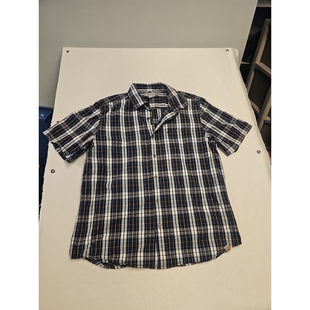 Carhartt Mens XL Relaxed Fit Plaid Short Sleeve Button Down Shirt Navy Blue Tan